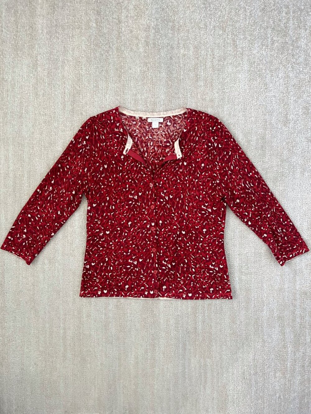 Garnet Hill Merino Wool Lightweight Cardigan Sweater L Red Animal Print